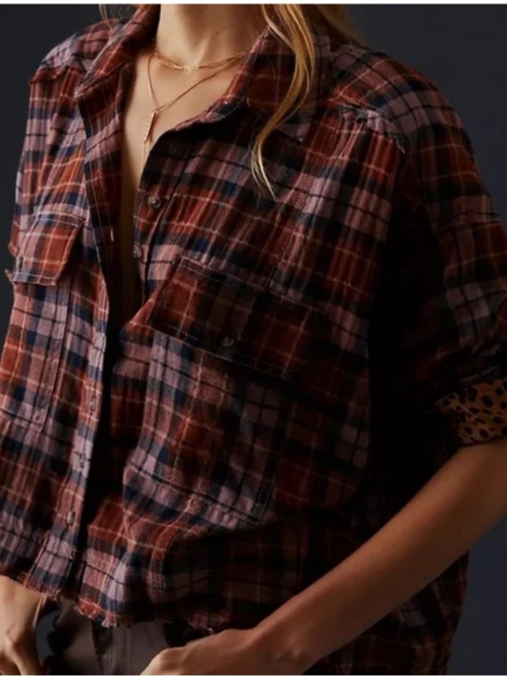 Anthropologie Pilcro Cropped Plaid Flannel Shirt Raw Hem Leopard Trim Size XXS - Picture 2 of 6